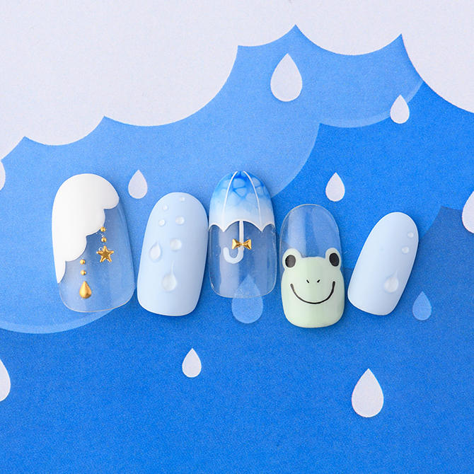 <center>水滴の輝きを引き立てるキュートポップな梅雨ネイル</center>