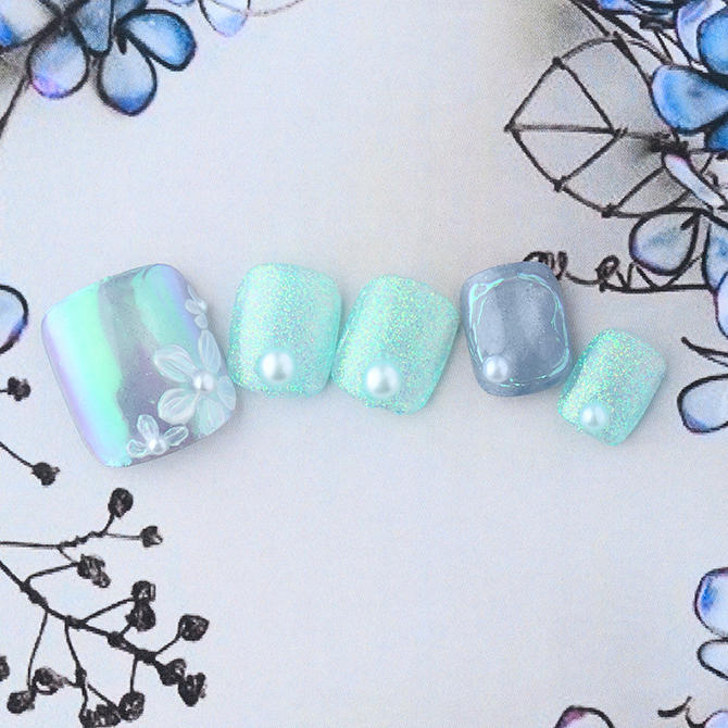 <center>【FOOT】清楚なホワイトフラワー×ブルーグリーンのラメで春を感じて<br>(L03-ST14)</center>