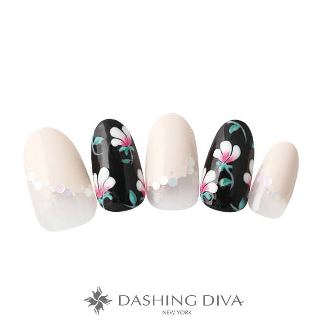 バルーンフレンチと花柄をピンク 黒の配色で魅せる大人華やかネイル A1505 ネイルデザイン ネイルサロンのダッシングディバ Dashing Diva
