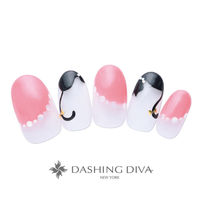 かわいい猫柄とピンク斜めフレンチ B1611 ネイルデザイン ネイルサロンのダッシングディバ Dashing Diva