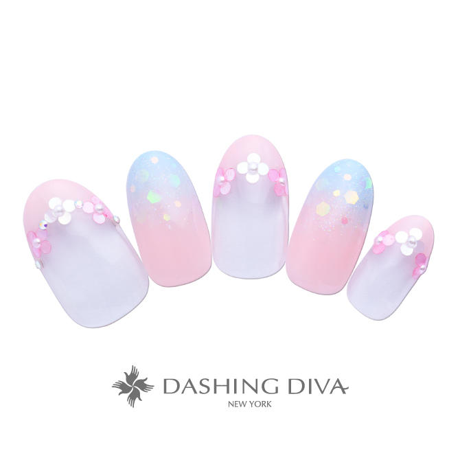 小花のフレンチにブルーとピンクのグラデーション ネイルデザイン ネイルサロンのダッシングディバ Dashing Diva