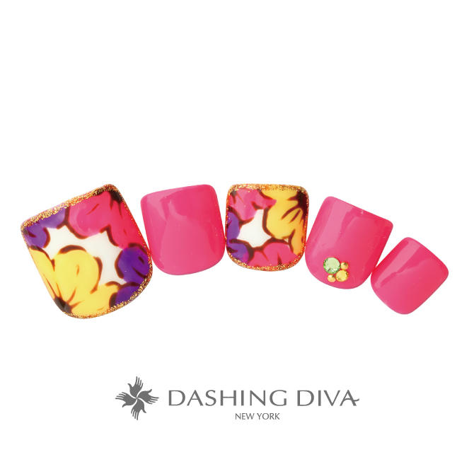 ピンクのワンカラーと花柄をトロピカルな配色でまとめたフットネイル ネイルデザイン ネイルサロンのダッシングディバ Dashing Diva